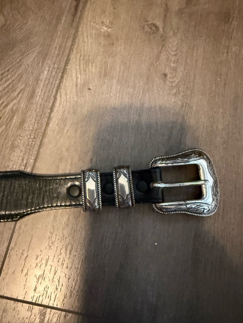 Justin Boots Black Leather Belt with Engraved Silver Buckle